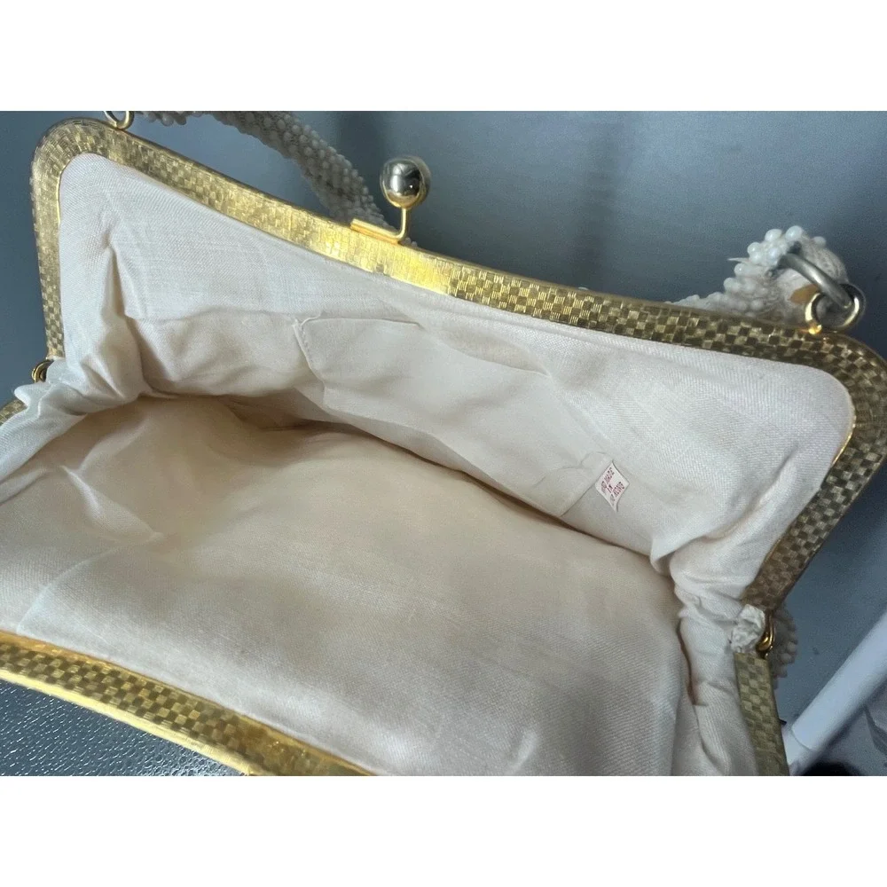 Vintage Beaded Off White Handbag‎ Hong Kong Pearlized Lucite Trim 1960s